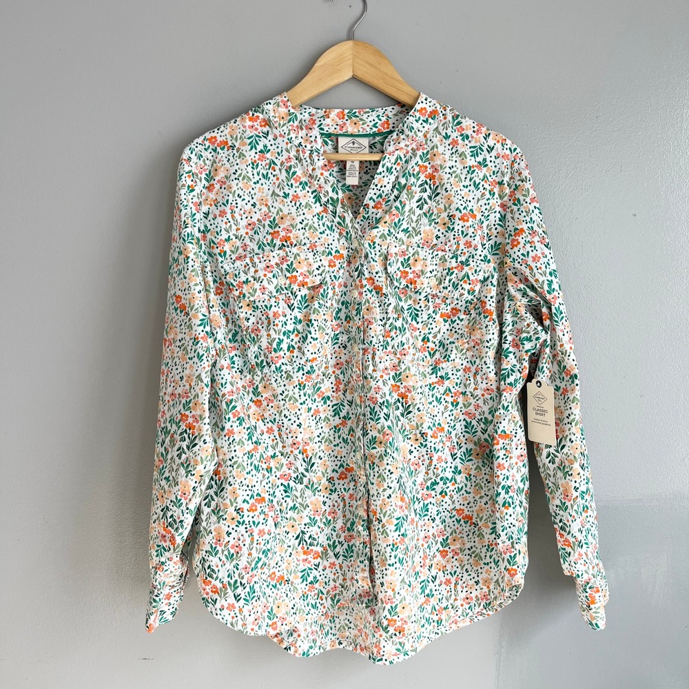 St Johns Bay Split Neck Floral Long Sleeve Button Front Top Cotton Shirt 1X NWT